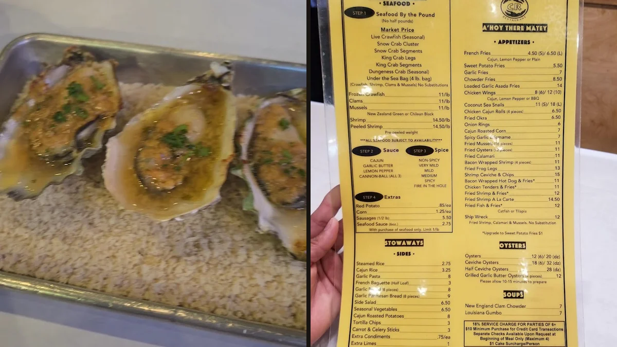 Dine-in tables set for Cajun seafood and shared meals.